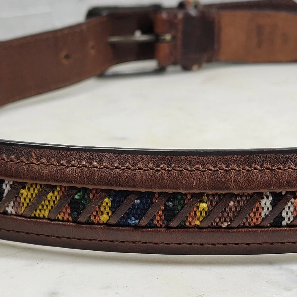 Columbia Leather Belt 38 Brown Woven Southwestern Inlay Brass Buckle Gorpcore